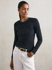 Reiss | Cotton Crew-Neck Long-Sleeve T-Shirt With Stretch in Black