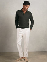 Reiss | Merino Wool Long-Sleeve Polo Shirt in Dark Military Green