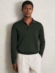 Reiss | Merino Wool Long-Sleeve Polo Shirt in Dark Military Green