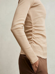 Reiss | Cotton Long-Sleeve Ruched T-Shirt with Stretch in Camel
