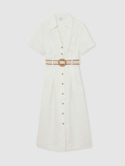 Reiss | Linen Belted Midi Shirt Dress in Ivory