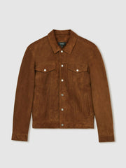 Reiss | Suede Press Stud Trucker Jacket in Tobacco Brown