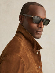 Reiss | Suede Press Stud Trucker Jacket in Tobacco Brown
