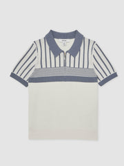 Reiss | 3-9 yrs Cotton Stripe Knit Half-Zip Polo Shirt in Off White/ Airforce Blue