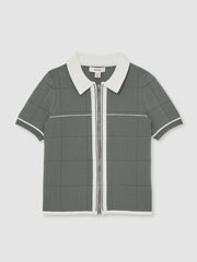 Reiss | 3-9 yrs Tipped Knit Zip-Through Shirt in Dark Sage Green