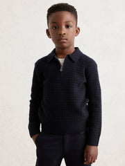 Reiss | 3-9 yrs Wool Waffle-Knit Half-Zip Polo Shirt in Navy Blue