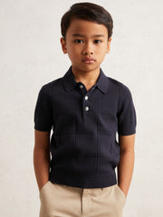 Reiss | 9-13 yrs Stitch-Detail Press-Stud Polo Shirt in Navy Blue