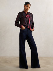 Reiss | Snake-Print Tie-Neck Blouse in Burgundy