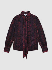 Reiss | Snake-Print Tie-Neck Blouse in Burgundy