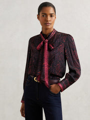 Reiss | Snake-Print Tie-Neck Blouse in Burgundy