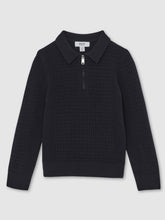 Reiss | 13-14 yrs Wool Waffle-Knit Half-Zip Polo Shirt in Navy Blue
