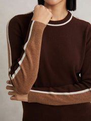 Reiss | Wool-Blend Colour-Block Jumper With Cashmere in Burgundy/Tan