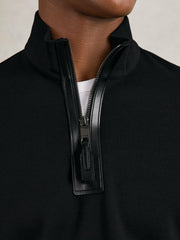 Reiss | Leather-Placket Interlock Sweatshirt in Black