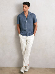 Reiss | Jacquard-Stripe Cuban-Collar Shirt in Airforce Blue
