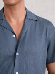 Reiss | Jacquard-Stripe Cuban-Collar Shirt in Airforce Blue