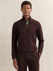 Reiss | Leather-Placket Interlock Sweatshirt in Cherry Red