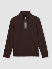 Reiss | Leather-Placket Interlock Sweatshirt in Cherry Red