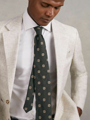 Reiss | Silk-Wool Square-Medallion Tie in Forest Green