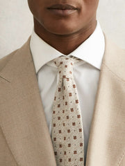 Reiss | Wool-Silk Floral-Medallion Tie in Oatmeal Melange