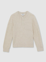 Reiss | 3-9 yrs Cotton-Blend Rib-Knit Henley Top in Oatmeal Melange