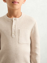 Reiss | 3-9 yrs Cotton-Blend Rib-Knit Henley Top in Oatmeal Melange