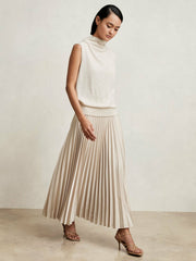 Reiss | Pleated Midi Skirt in Champagne Neutral