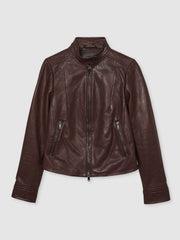 Reiss | Fitted Leather Biker Jacket in Burgundy