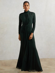 Reiss | Ruched Long-Sleeve Maxi Dress in Dark Green