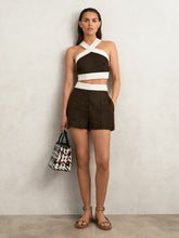 Reiss | Linen Colourblock Shorts in Chocolate/Cream