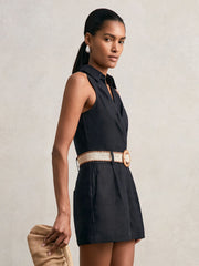 Reiss | Linen Belted Sleeveless Wrap Playsuit in Navy