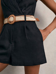 Reiss | Linen Belted Sleeveless Wrap Playsuit in Navy