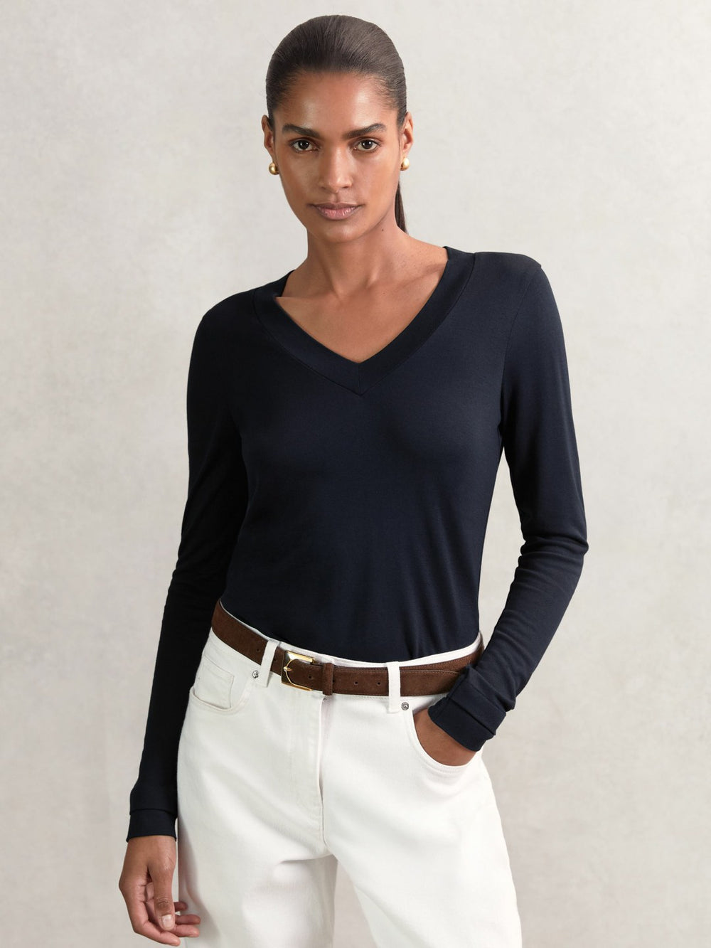 Reiss | Jersey V-Neck Top in Navy