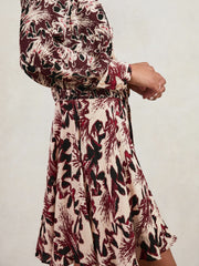 Reiss | Printed Tie-Waist Flippy Mini Dress in Burgundy/Cream
