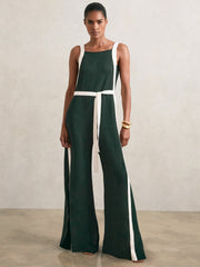Reiss | Colourblock Wide Leg Belted Jumpsuit in Dark Green/Cream