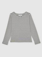 Reiss | 13-14 yrs Cotton Pointelle Long Sleeve Top in Navy/White