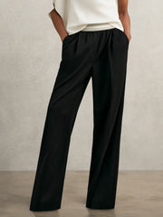 Reiss | Petite Wide-Leg Contrast-Waistband Trousers in Black