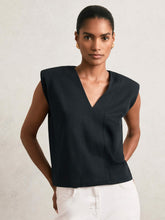 Reiss | Cotton Shoulder-Pad V-Neck Top in Navy