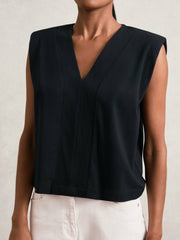 Reiss | Cotton Shoulder-Pad V-Neck Top in Navy