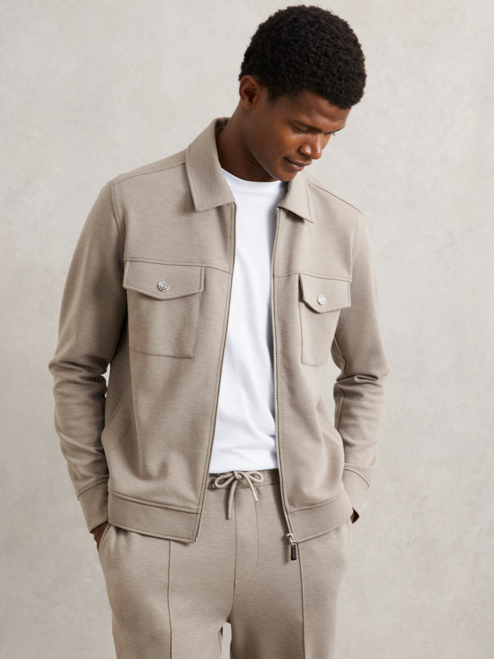Reiss | Interlock Jersey Zip-Through Jacket in Taupe Brown