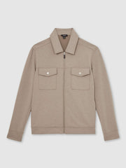 Reiss | Interlock Jersey Zip-Through Jacket in Taupe Brown
