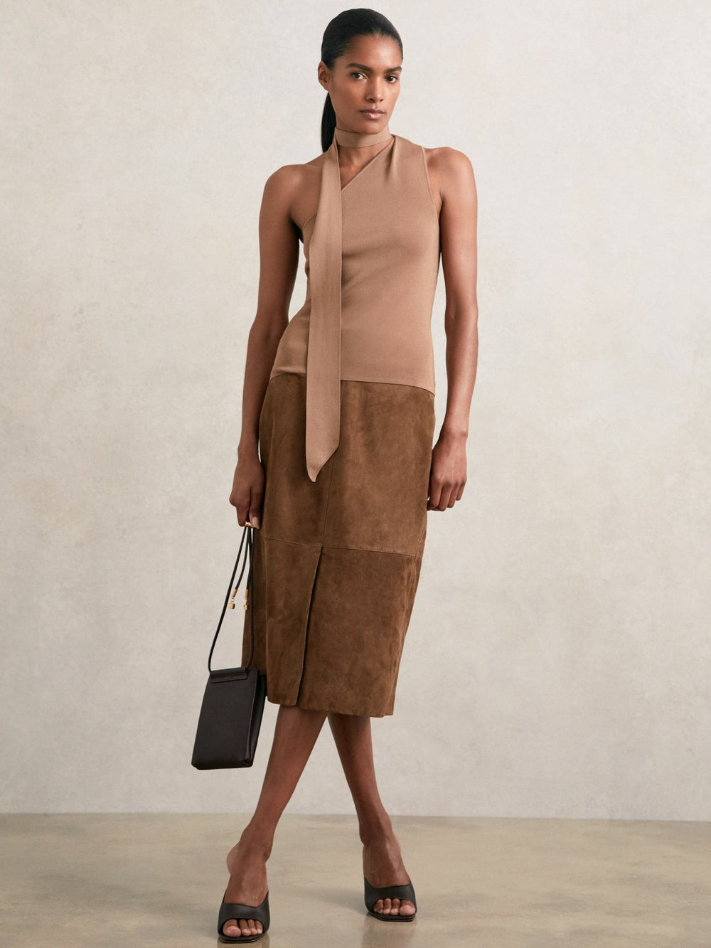 Reiss | Suede Straight-Fit Midi Skirt in Tan Brown