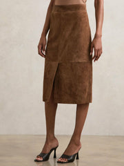 Reiss | Suede Straight-Fit Midi Skirt in Tan Brown