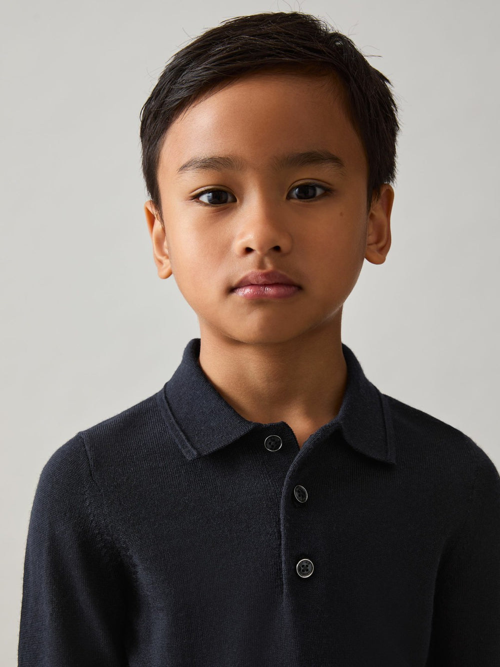 Reiss | 9-13 yrs Merino Wool Long-Sleeve Polo Shirt in Navy