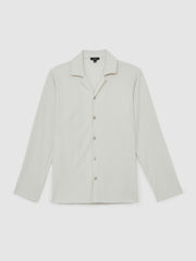 Reiss | Plissé Cuban-Collar Long-Sleeve Shirt in Off White