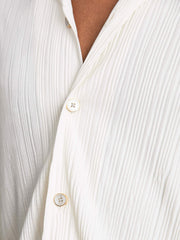 Reiss | Plissé Cuban-Collar Long-Sleeve Shirt in Off White