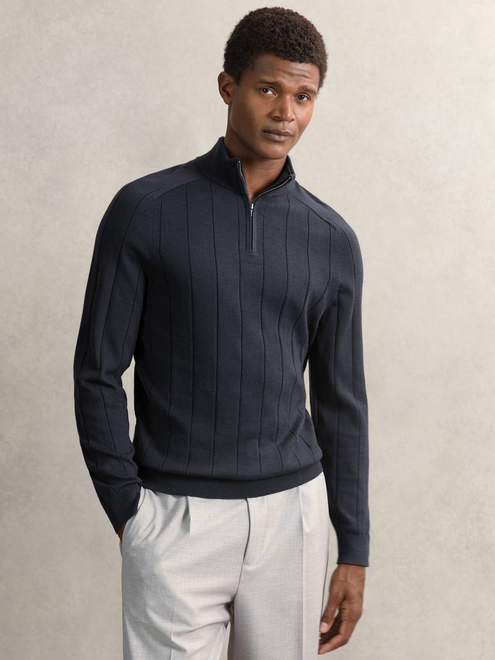 Reiss | Merino Wool Wide-Rib Half-Zip Jumper in Airforce Blue