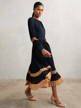 Reiss | Colour-Block Pleated Midi Dress in Navy/Camel
