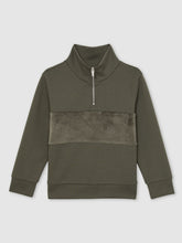 Reiss | 13-14 yrs Slim Fit Half-Zip Funnel Neck Velour Sweatshirt in Dark Sage Green