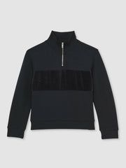 Reiss | 13-14 yrs Slim Fit Half-Zip Funnel Neck Velour Sweatshirt in Navy Blue