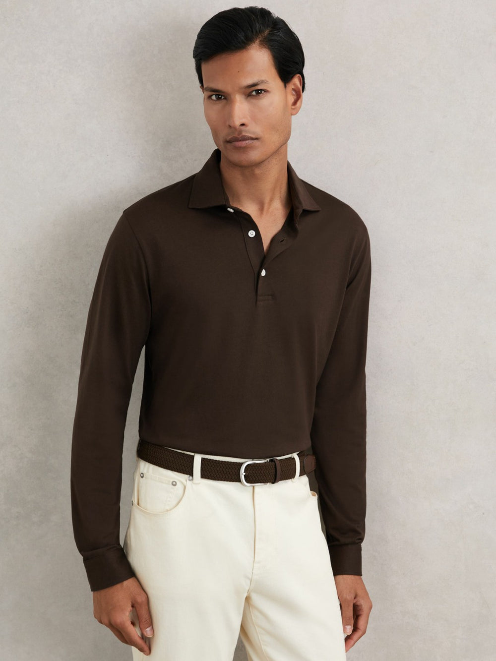 Reiss | Cotton-Jersey Long Sleeve Polo Shirt in Brown